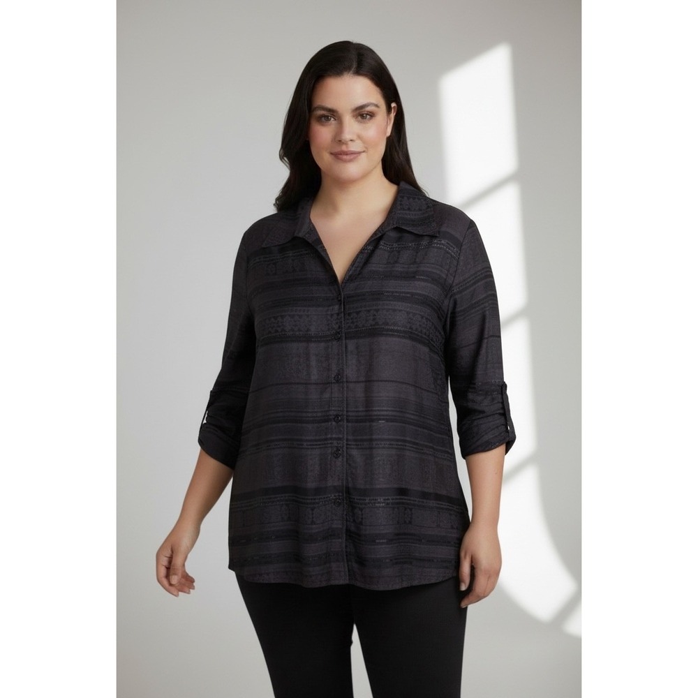 Talbots Woman 24W dark brown Textured Stripe Linen Blend Button Down Shirt